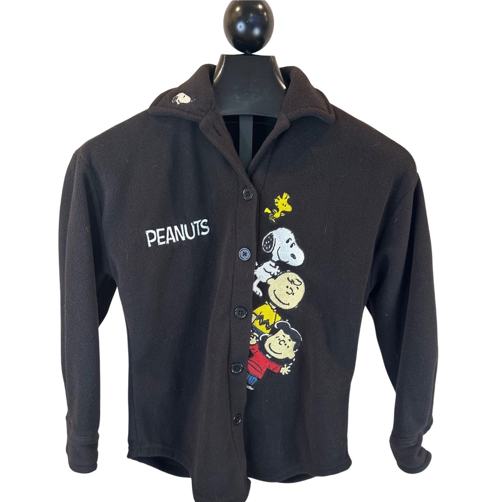 Peanuts Snoopy Charlie Brown Fleece Button Down‎ Shirt Black XXS LH42415FH
